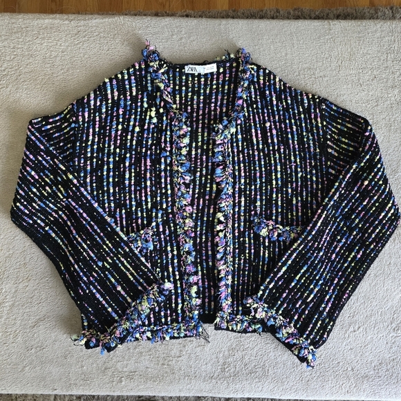 Zara multicolor knit tweed open front fringe cardigan size large - Picture 8 of 15